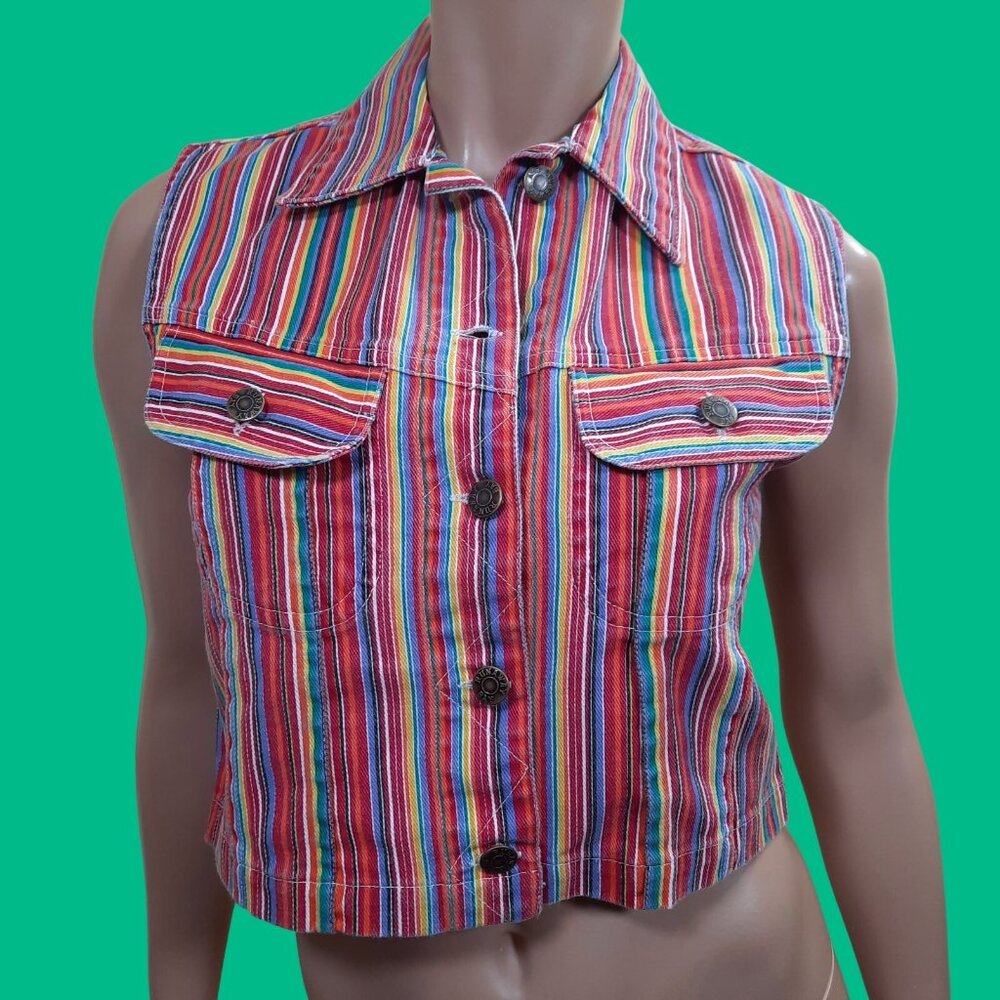Vintage 90s Rainbow Striped Vest Top Sleeveless Multicolor Cropped Cotton Denim